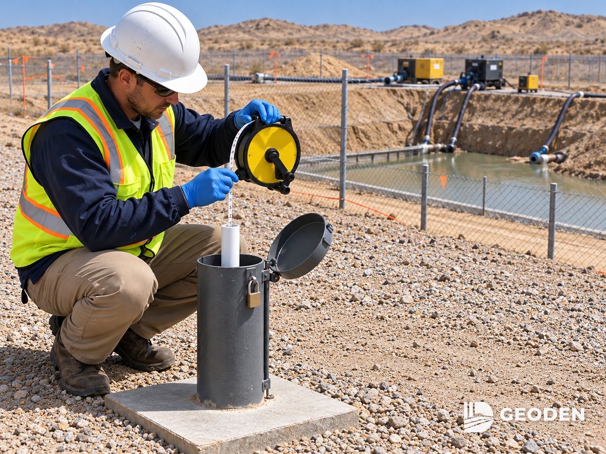 Technician lowering a dip meter into a standpipe piezometer inside a lockable protective cover