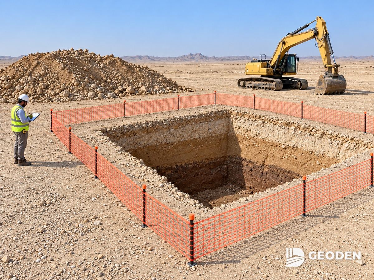 مهندس يوصّف جسة اختبارية محاطة بحاجز تظهر فيها طبقات التربة، والحفار وكومة الناتج خلفها