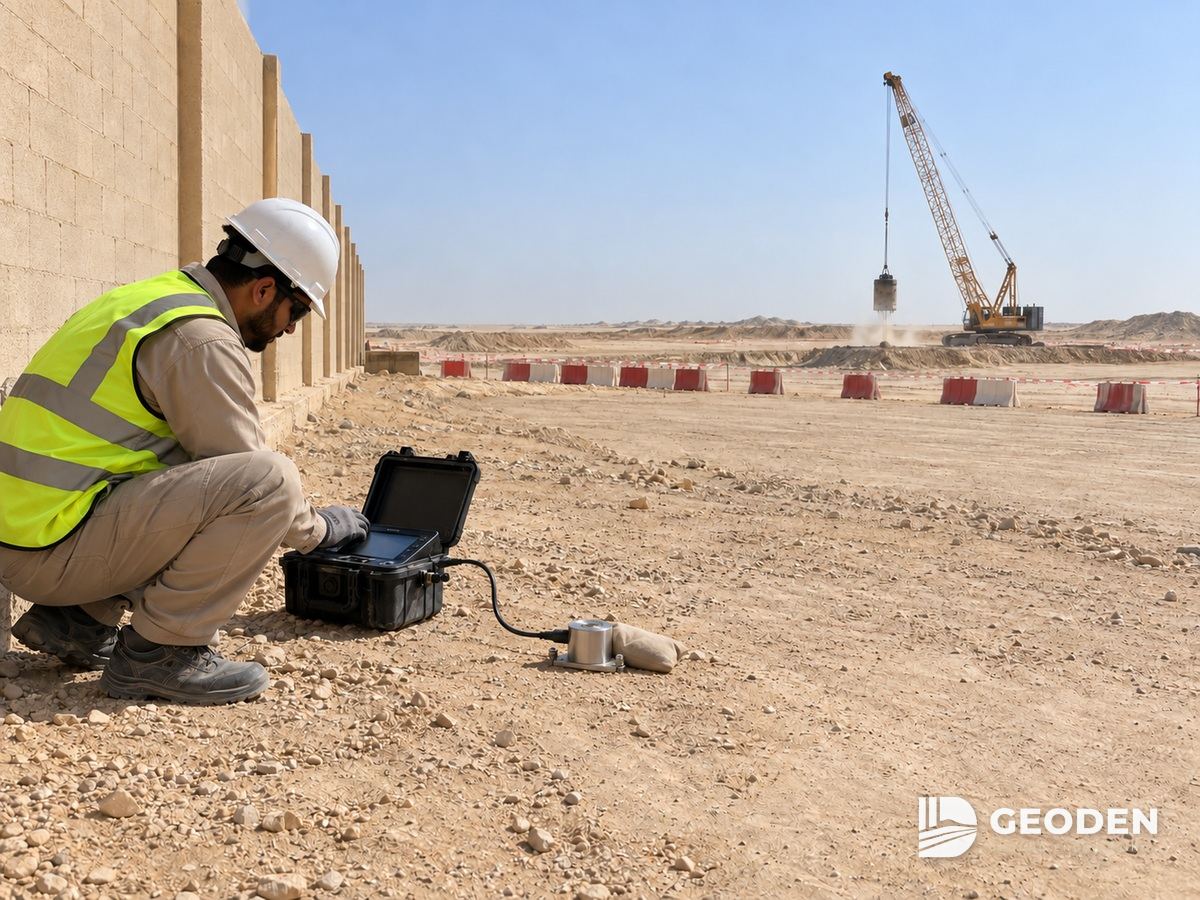 فني يقرأ جهاز رصد الاهتزاز بجوار جدار حدودي بينما تستمر أعمال الدمك الديناميكي على مسافة