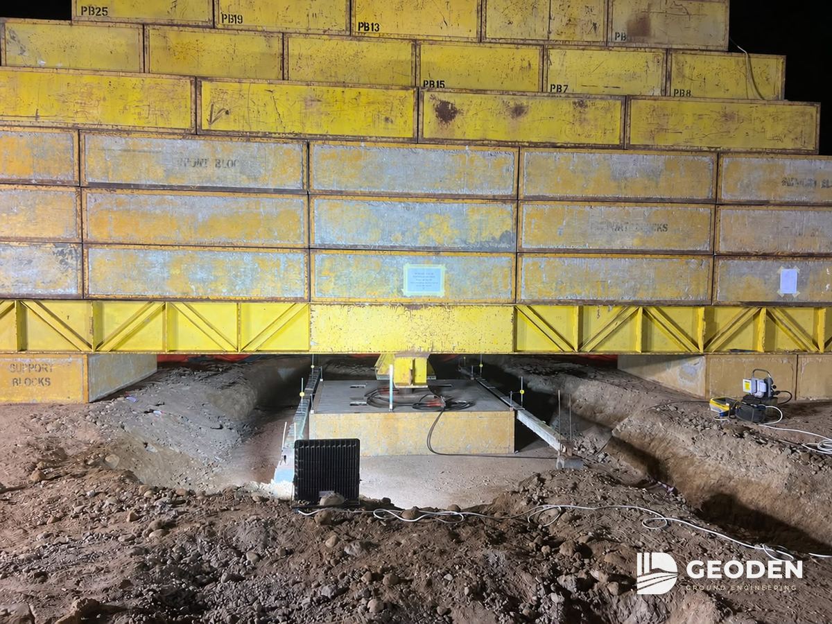 Zone load test: stacked kentledge blocks on a reaction beam over a large test footing, with gauges and a data logger
